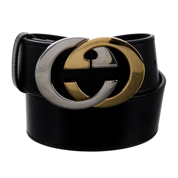 Gucci Black Leather Two-Tone Interlocking G Belt - Picture 1 of 9